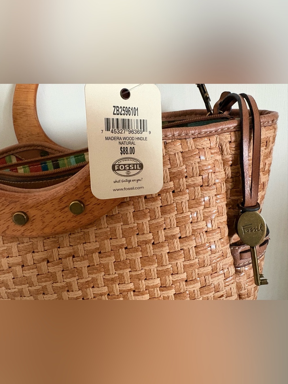 Fossil Tan Woven Tote with Circular Wood Handles - Picture 4 of 14